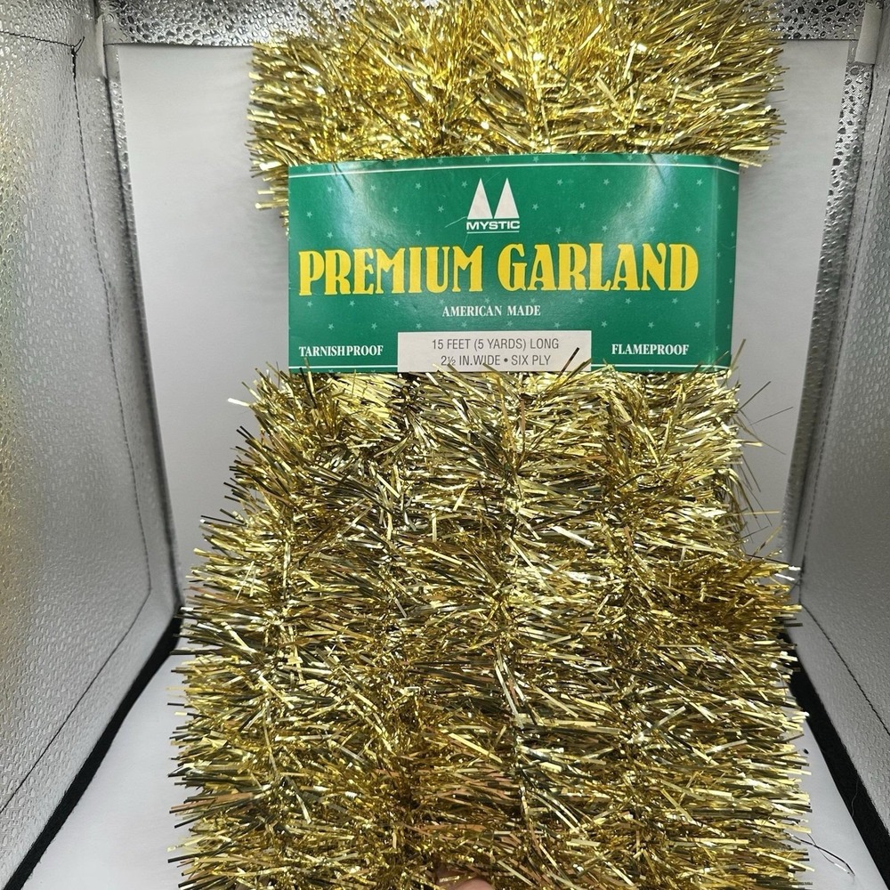 VTG New NOS Premium Gold Christmas Tree Garland Tinsel 15 Ft Flameproof‎
